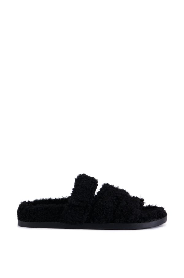 AZALEA WANG VIVEK BLACK FUZZY SLIP ON SANDAL For Cheap