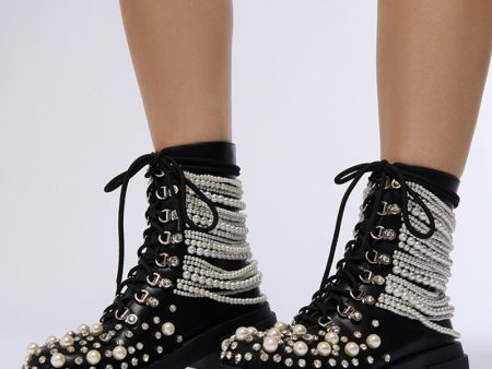 AZALEA WANG TWINKLEY BLACK PEARL EMBELLISHED COMBAT BOOTIE Online