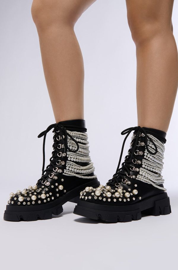 AZALEA WANG TWINKLEY BLACK PEARL EMBELLISHED COMBAT BOOTIE Online