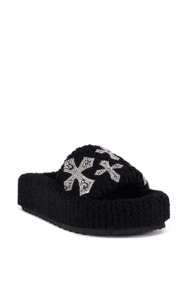 AZALEA WANG SUTTONED BLACK CROSS EMBELLISHED SLIP ON SANDAL on Sale