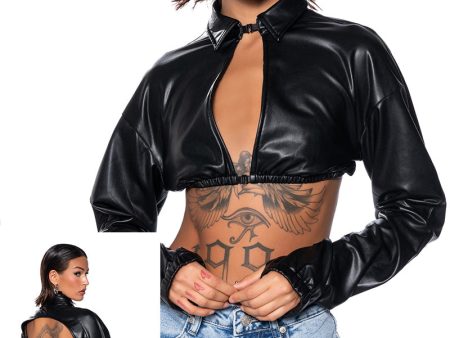 KEEP UP FAUX LEATHER COLLARED CROPPED SHIRT For Discount