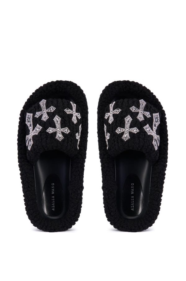 AZALEA WANG SUTTONED BLACK CROSS EMBELLISHED SLIP ON SANDAL on Sale