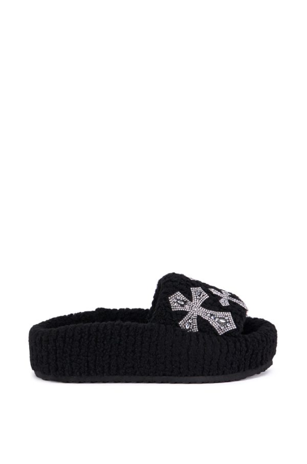 AZALEA WANG SUTTONED BLACK CROSS EMBELLISHED SLIP ON SANDAL on Sale