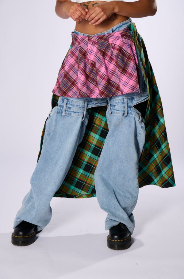 MIXED PRINTS PLAID BELT SKIRT Cheap