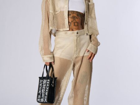 ALL THAT MESH WIDE LEG SNAP PANTS IN BEIGE For Discount