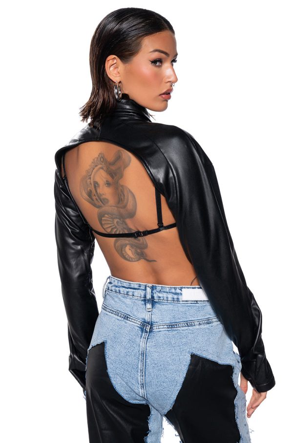 KEEP UP FAUX LEATHER COLLARED CROPPED SHIRT For Discount