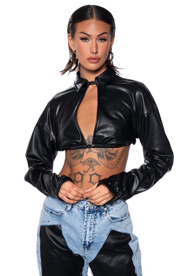 KEEP UP FAUX LEATHER COLLARED CROPPED SHIRT For Discount