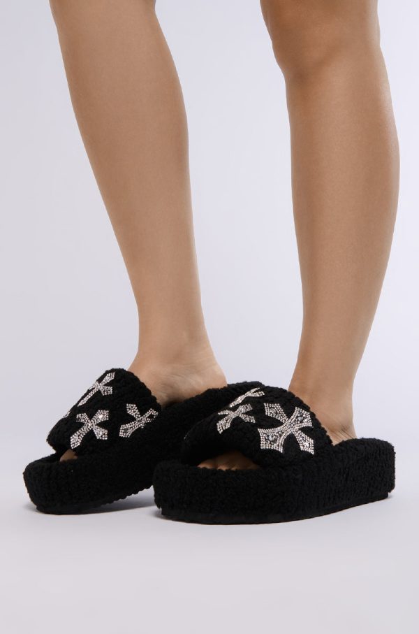 AZALEA WANG SUTTONED BLACK CROSS EMBELLISHED SLIP ON SANDAL on Sale